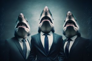 Drei Haie im Business Outfit als Schuldeneintreiber