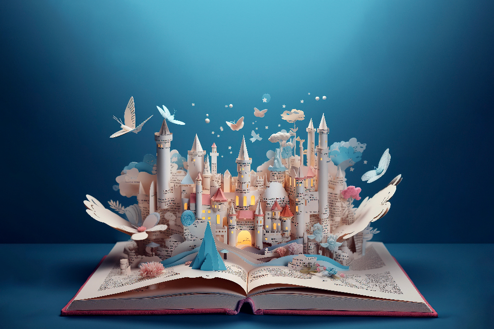 Eine Fantasiewelt öffnet sich aus einem aufgeschlagenen Buch mit Türmen, Häusern, Bergen und mehr.