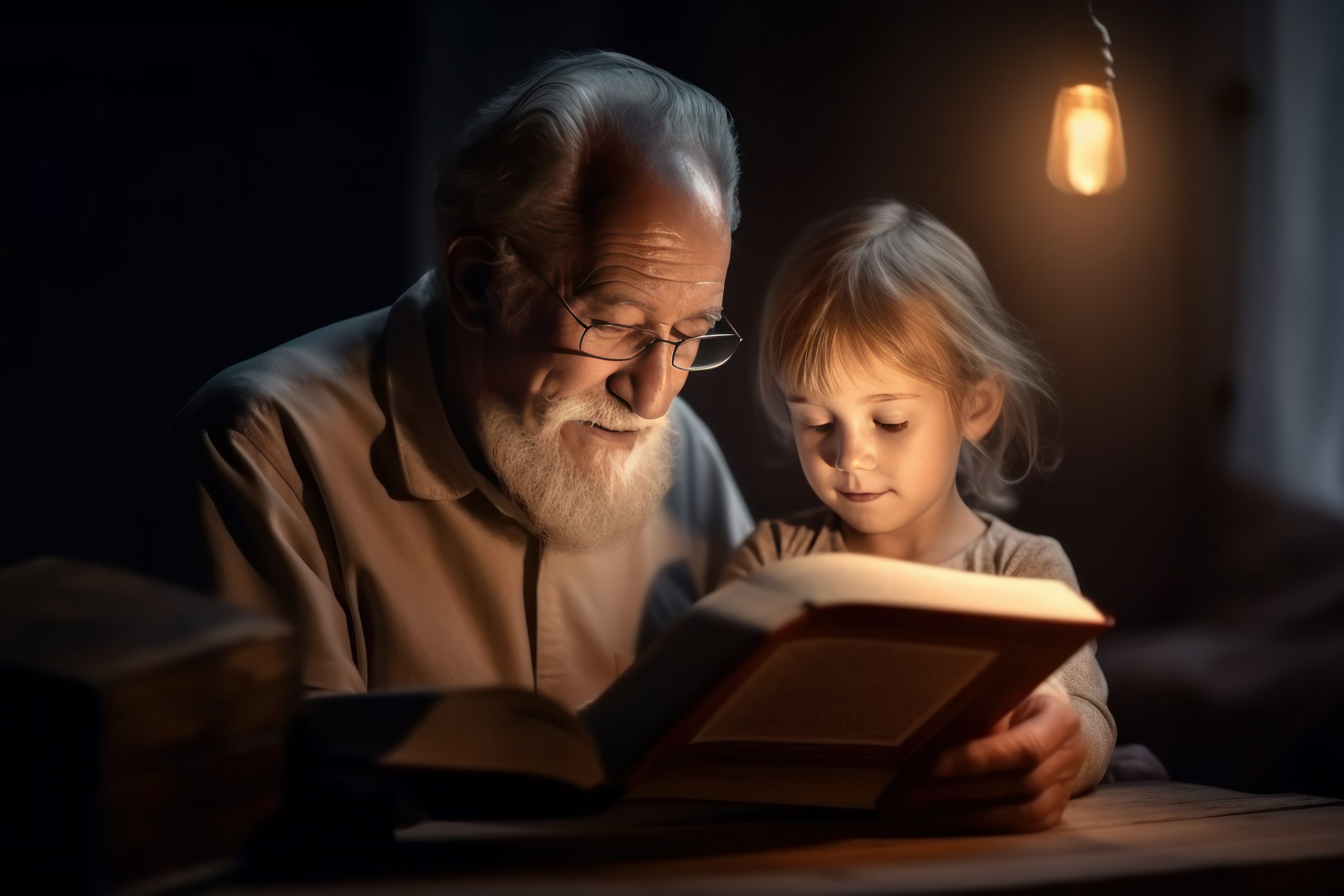 Ein älterer Herr mit grauen, zurückgekämmten Haaren und Bart liest einem Mädchen aus einem Buch vor. Im Hintergrund leuchtet eine Glühlampe. Foto: StockAdobe/mikey