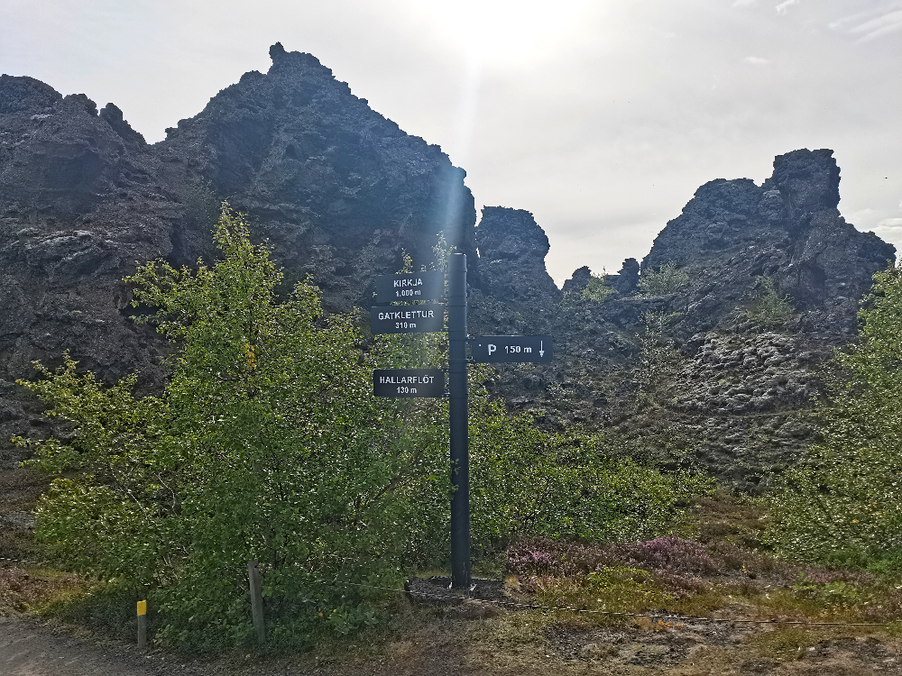 In aus Lava geformte Felsformationen in Island strahlt die Sonne hinein.
