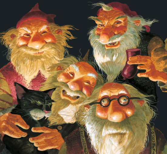 Zeichnung von einigen isländischen Weihnachtsmännern aus der Folklore. Vier rauschebärtige Männer grinsen.
