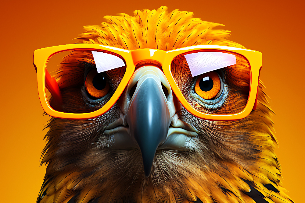 Adler mit getönter gelber Brille schaut. Bild mit KI generiert.