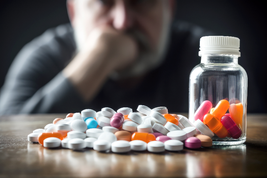 Im Hintergrund schaut ein älterer Herr in grauem Pullover verzweifelt auf eine große Menge an bunten Tabletten, die vor ihm auf dem braunen Holztisch liegt.