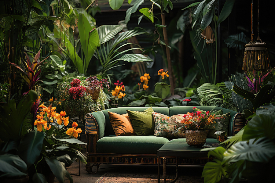 Ein mit künstlicher Intelligenz erschaffenes Bild zeigt ein grünes Sofa mit vier passenden Kissen in orange und grün und darum herum eine Vielzahl von Grünpflanzen und Blumen.