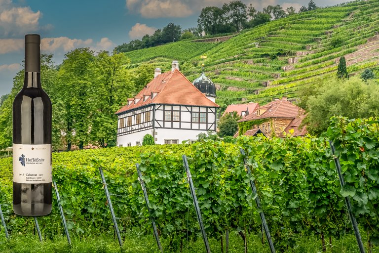 Weinfaschevor dem WEingut Hoflößnitz